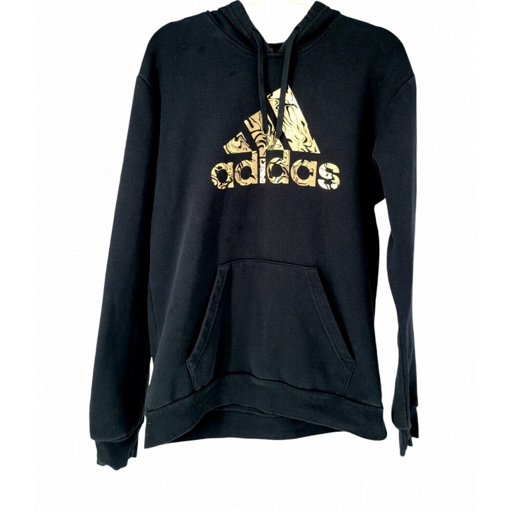 Men's adidas Liquid Foil Badge‎ of Sport Graphic Hoodie Fleece Black Gold Logo M
